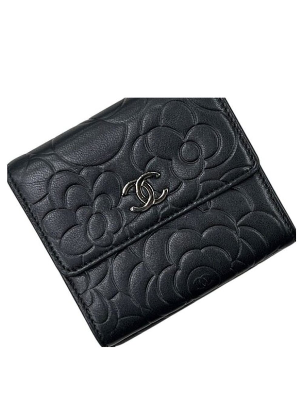 Chanel Trifold Wallet Snap Camellia Leather Lambskin Black CC Logo